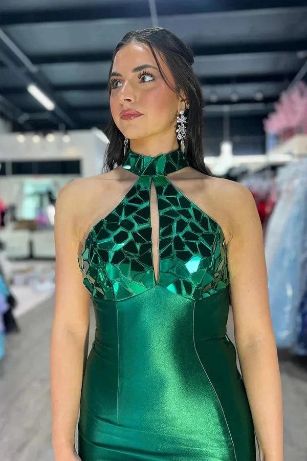 Mermaid Halter Satin Dark Green Long Prom Dress with Beads PSK601 by pgmdress