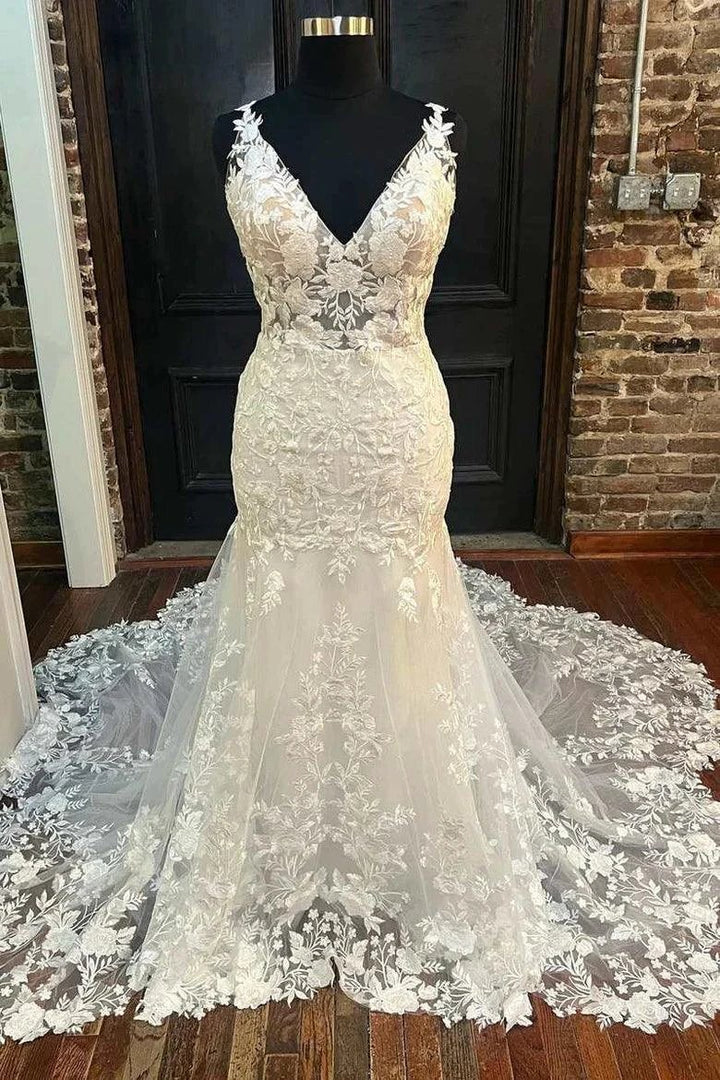 Mermaid Ivory Floral Lace V-Neck Long Wedding Dress Bridal Gown WD626 by pgmdress