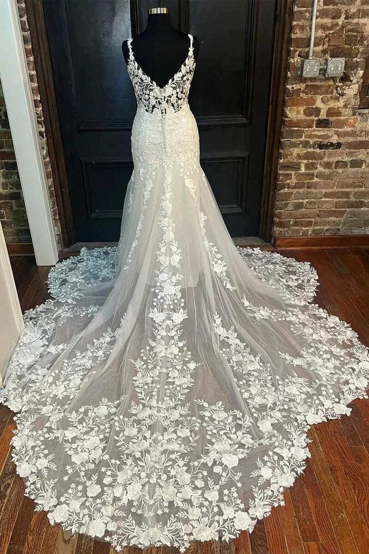 Mermaid Ivory Floral Lace V-Neck Long Wedding Dress Bridal Gown WD626 by pgmdress