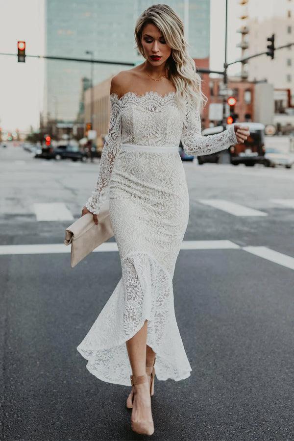 Mermaid Off-the-Shoulder High Low Lace Wedding Dress with Long Sleeves WD278 by pgmdress