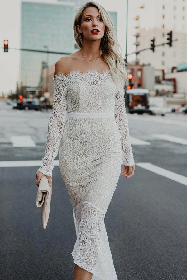 Mermaid Off-the-Shoulder High Low Lace Wedding Dress with Long Sleeves WD278 by pgmdress
