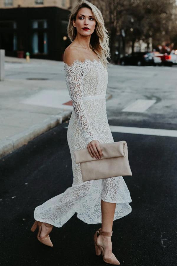 Mermaid Off-the-Shoulder High Low Lace Wedding Dress with Long Sleeves WD278 by pgmdress