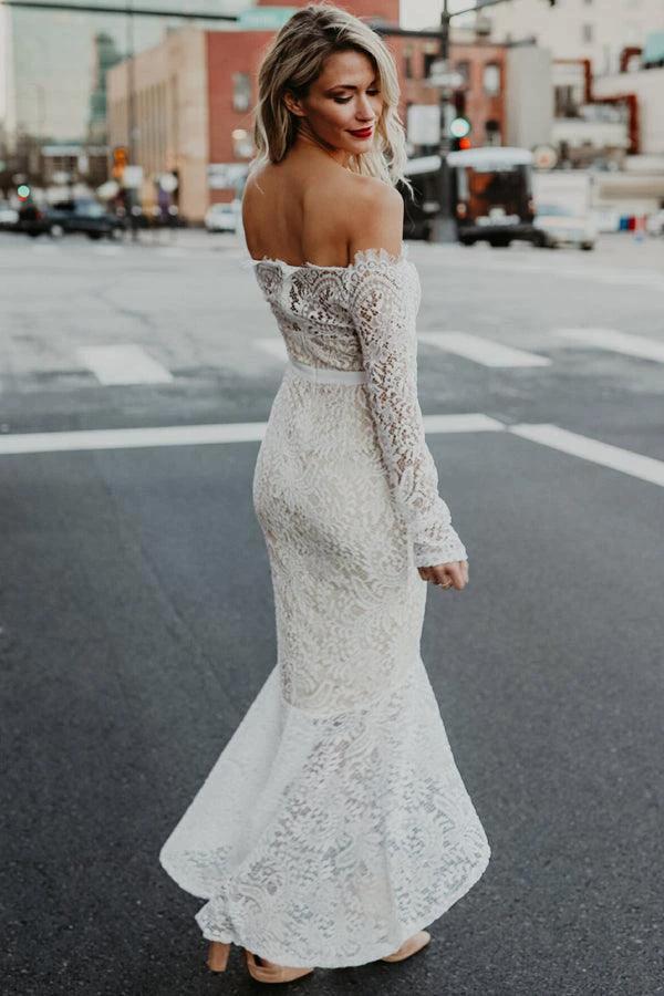 Mermaid Off-the-Shoulder High Low Lace Wedding Dress with Long Sleeves WD278 by pgmdress