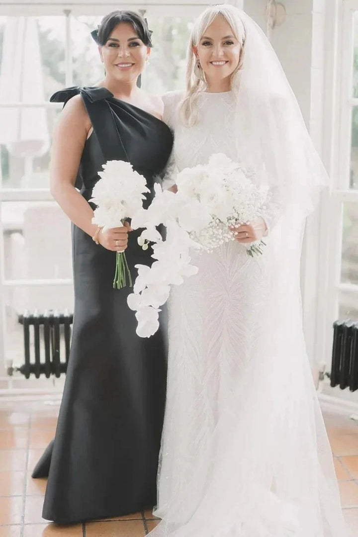 Mermaid One-Shoulder Bow Strap Black Bridesmaid Dress BD125 by pgmdress