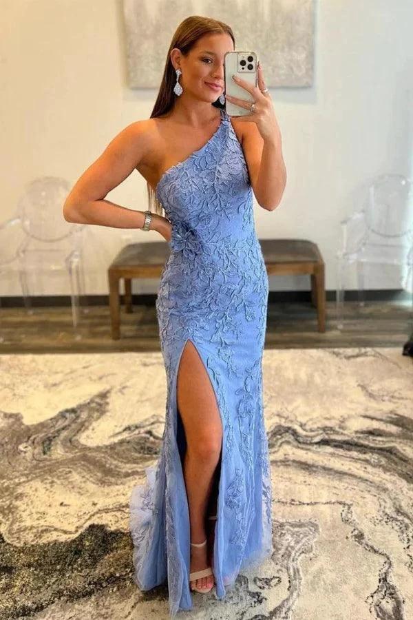 Mermaid One Shoulder Blue Long Lace Prom Evening Dress With Split PSK412 by pgmdress