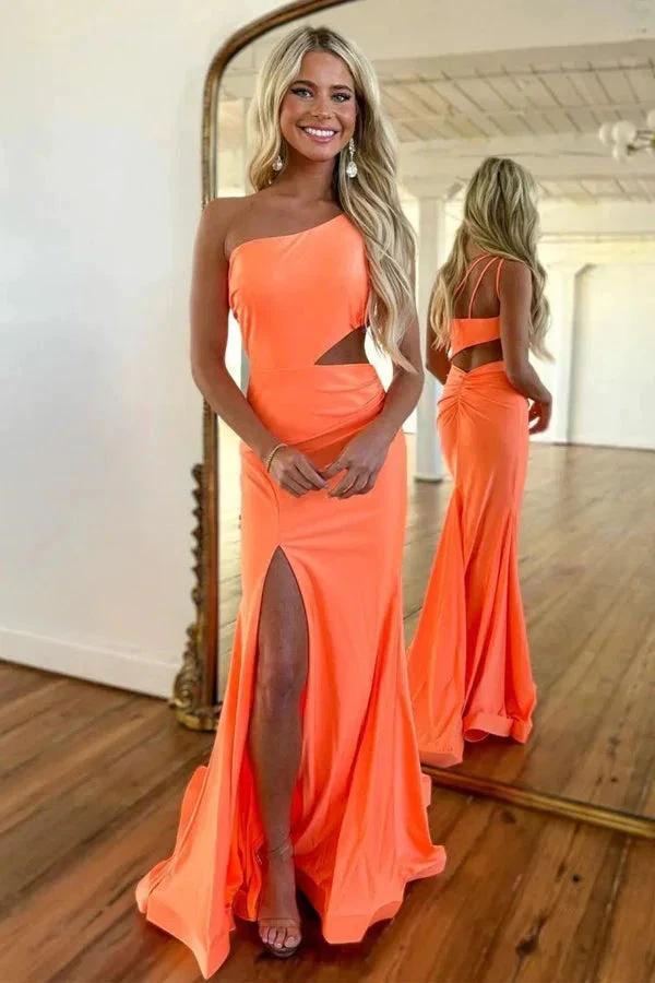 Mermaid One Shoulder Orange Prom Dress With Split PSK445 by pgmdress