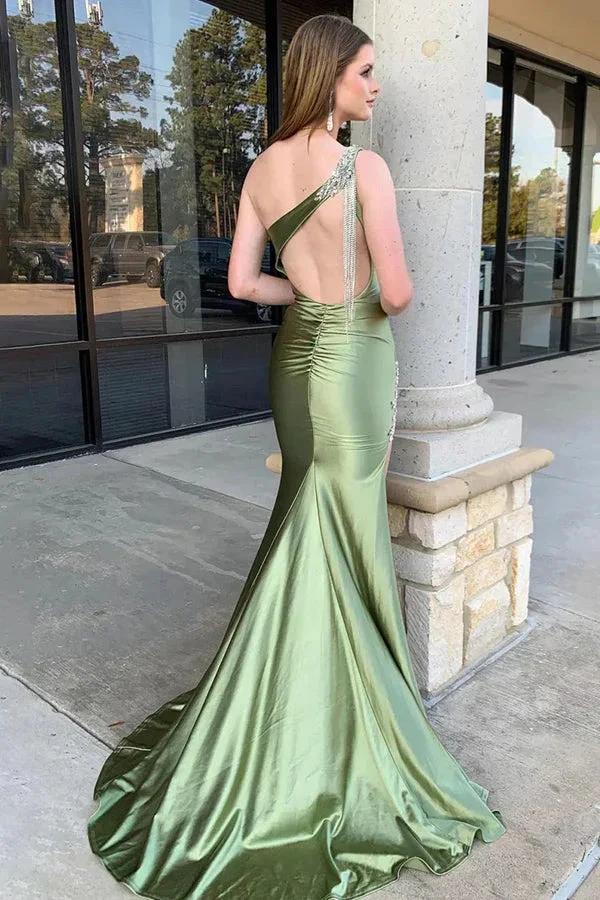 Mermaid One Shoulder Satin Sage Green Prom Dress with Split PSK602 by pgmdress