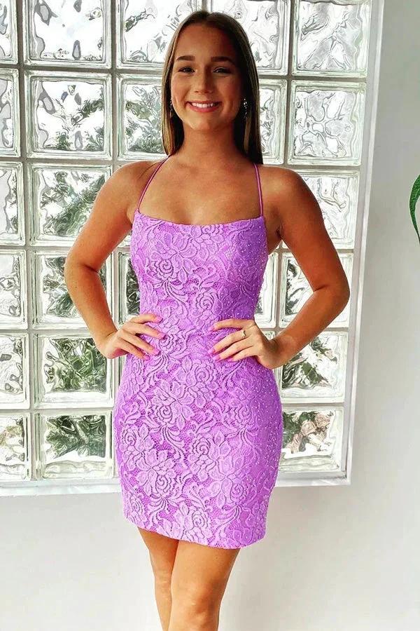 Mermaid Purple Bodycon Lace Up Short Lace Homecoming Dress PD473 by pgmdress