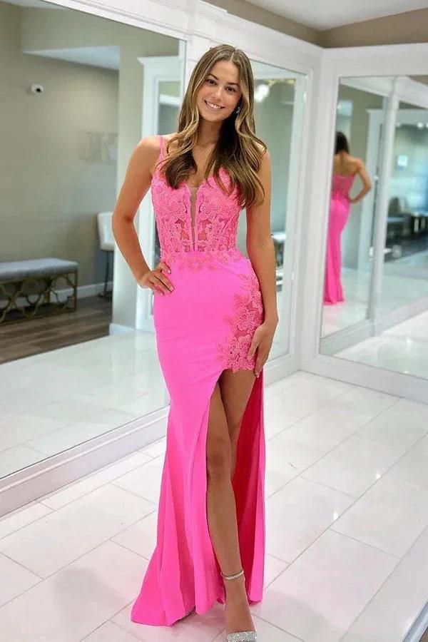 Mermaid Red Lace Long Prom Dresses Evening Dresses With Slit PSK564 by pgmdress