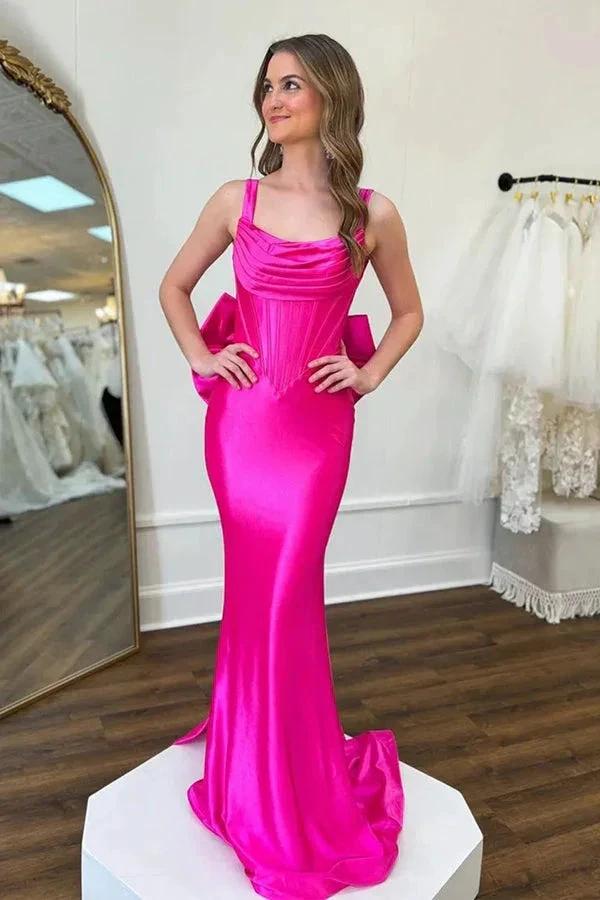 Mermaid Spaghetti Straps Corset Fuchsia Prom Dress With Bow PSK587 by Pgmdress