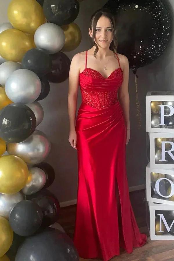 Mermaid Spaghetti Straps Corset Long Prom Dress with Slit PSK597 by Pgmdress