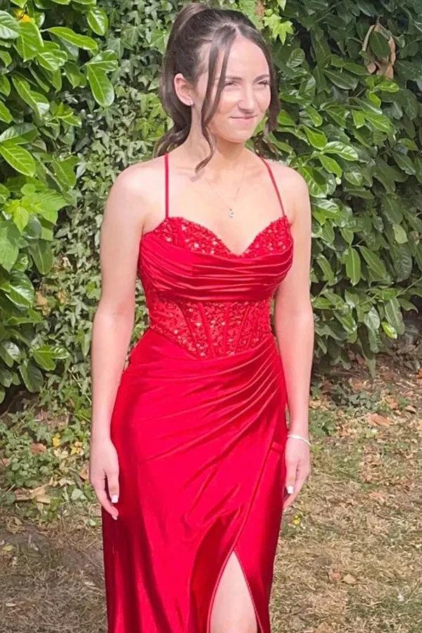 Mermaid Spaghetti Straps Corset Long Prom Dress with Slit PSK597 by Pgmdress