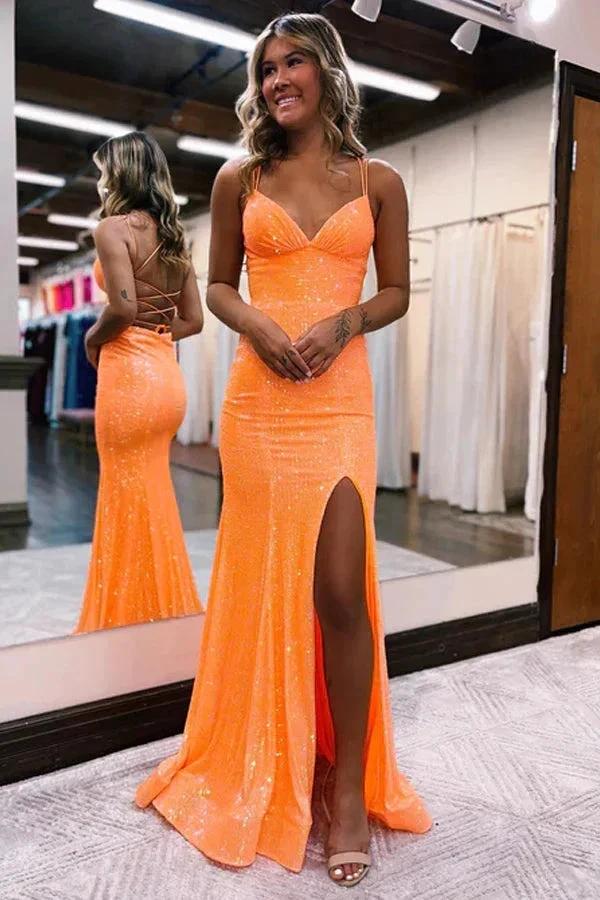 Mermaid Spaghetti Straps Orange Tight Prom Dress With Split PSK442 by pgmdress