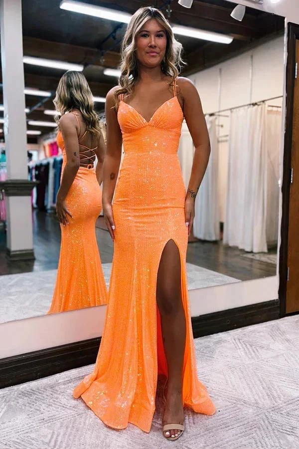 Mermaid Spaghetti Straps Orange Tight Prom Dress With Split PSK442 by pgmdress