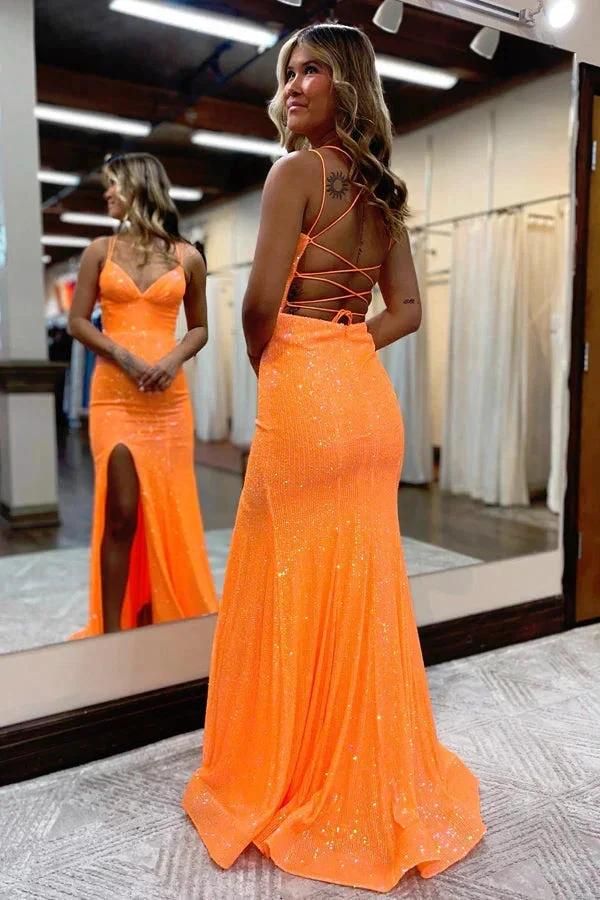 Mermaid Spaghetti Straps Orange Tight Prom Dress With Split PSK442 by pgmdress