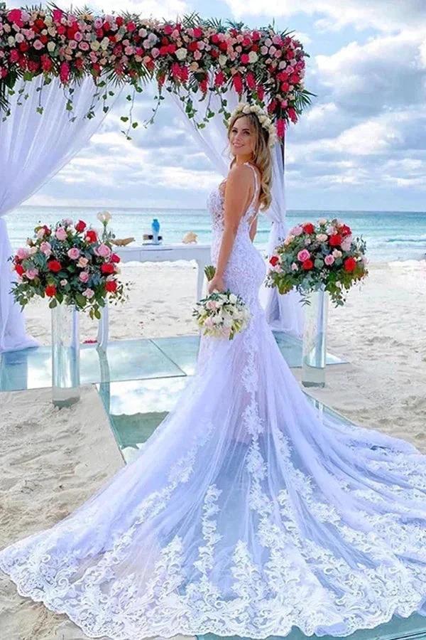 Mermaid Spaghetti Straps Lace Wedding Dress Beach Bridal Gown WD642 by pgmdress