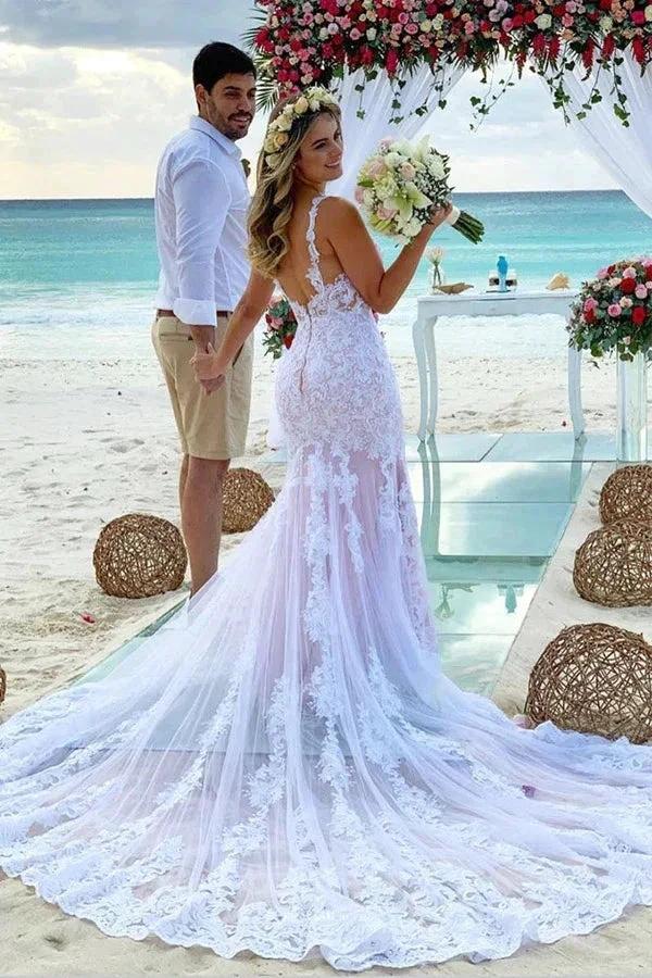 Mermaid Spaghetti Straps Lace Wedding Dress Beach Bridal Gown WD642 by pgmdress