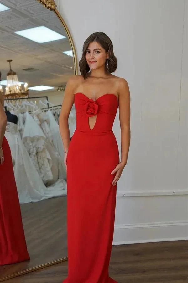 Mermaid Strapless Flower Satin Red Long Prom Dress PSK588 by Pgmdress