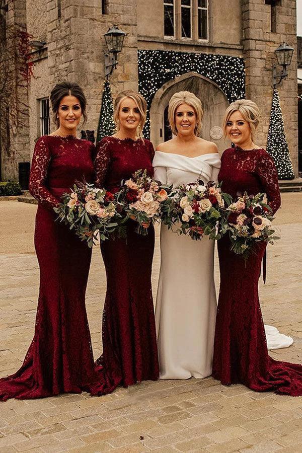 Mermaid Sweep Train Lace Long Sleeve Burgundy Bridesmaid Dresses BD090 by pgmdress