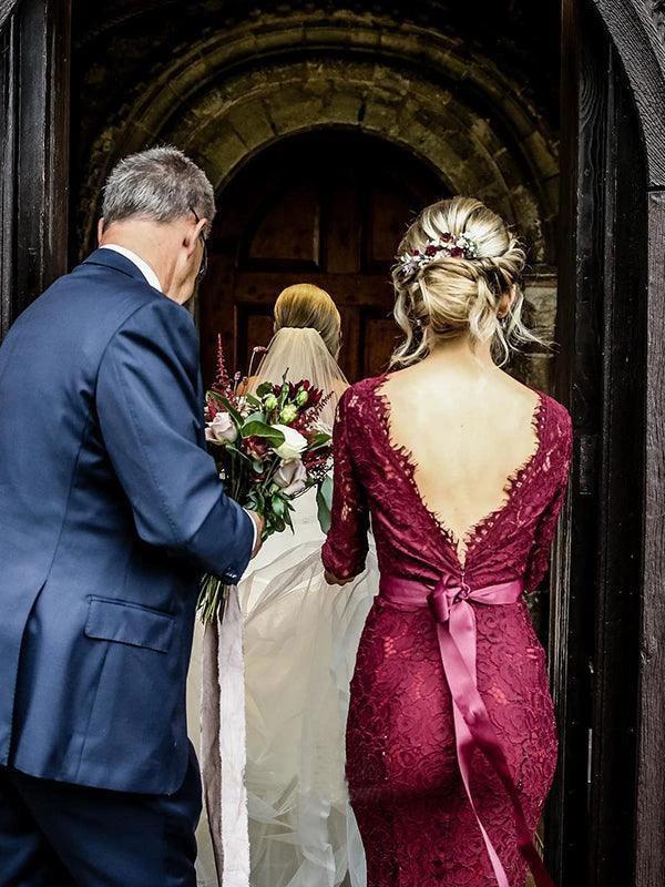 Mermaid Sweep Train Lace Long Sleeve Burgundy Bridesmaid Dresses BD090 by pgmdress