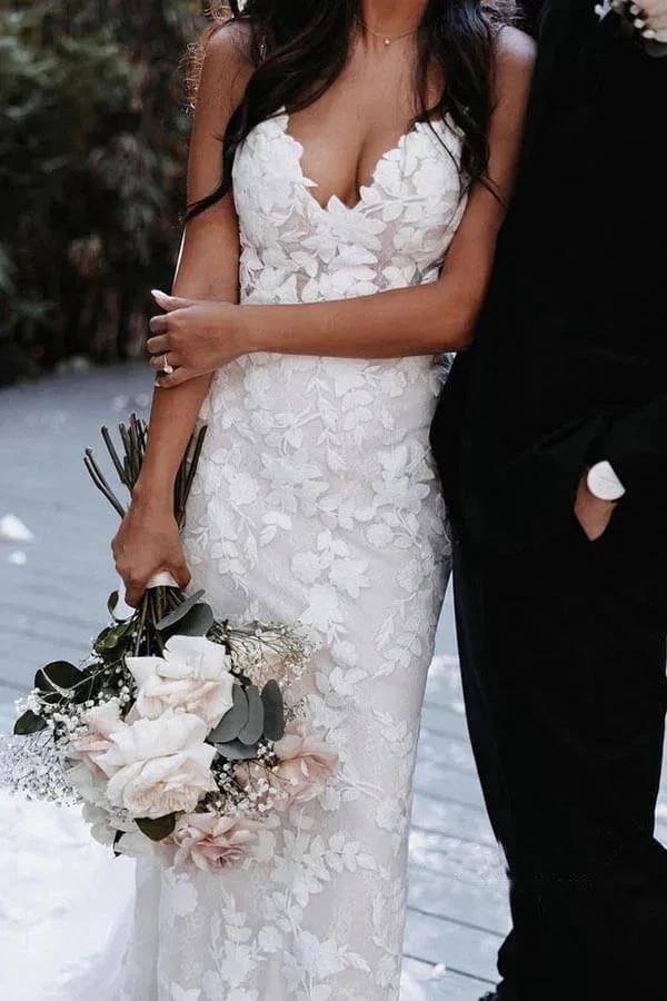 Mermaid V-neck Open Back Lace Appliques Bohemian Wedding Dresses WD639 by pgmdress