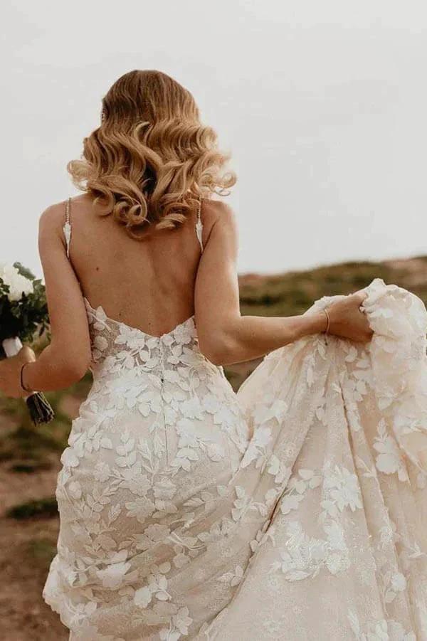 Mermaid V-neck Open Back Lace Appliques Bohemian Wedding Dresses WD639 by pgmdress