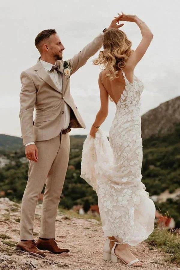 Mermaid V-neck Open Back Lace Appliques Bohemian Wedding Dresses WD639 by pgmdress