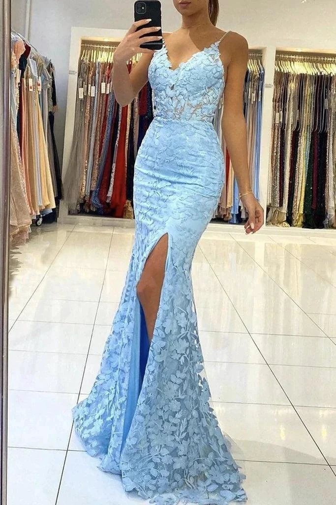 Mermaid V Neck Backless Blue Lace Long Prom Evening Dress PSK422 by pgmdress