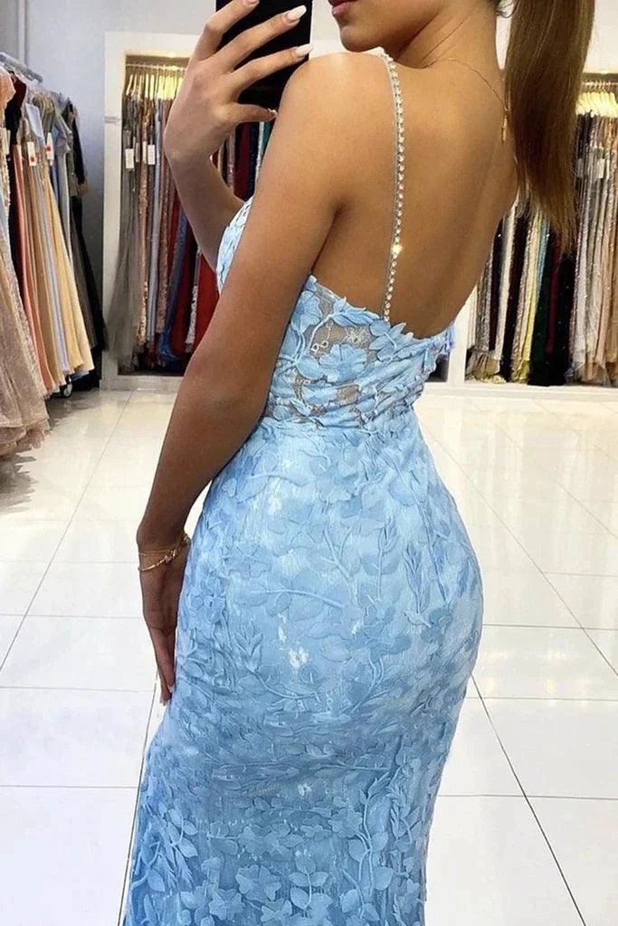 Mermaid V Neck Backless Blue Lace Long Prom Evening Dress PSK422 by pgmdress
