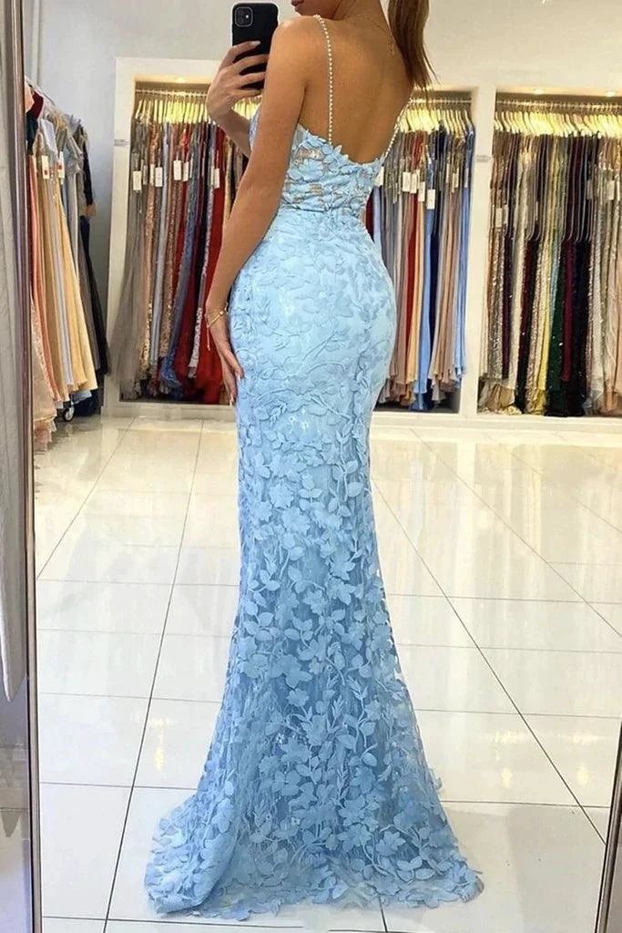 Mermaid V Neck Backless Blue Lace Long Prom Evening Dress PSK422 by pgmdress