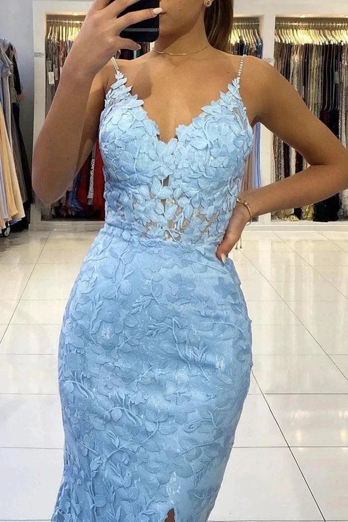 Mermaid V Neck Backless Blue Lace Long Prom Evening Dress PSK422 by pgmdress