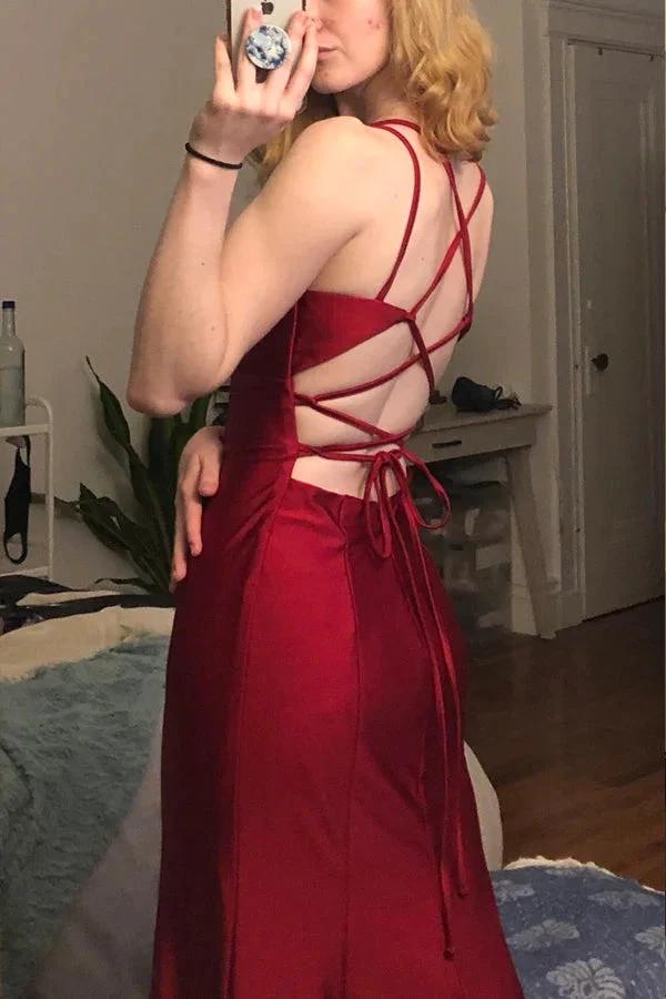 Mermaid V Neck Cross Back Burgundy Satin Long Prom Dress PSK535 by pgmdress