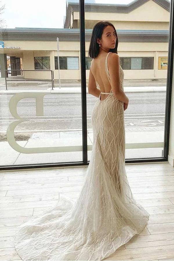Mermaid V Neck Lace Wedding Dresses Backless Bridal Gown WD598 by pgmdress