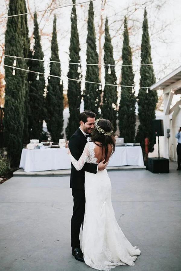Mermaid V Neck Wedding Dress Long Sleeve Lace Bridal Gown WD610 by pgmdress