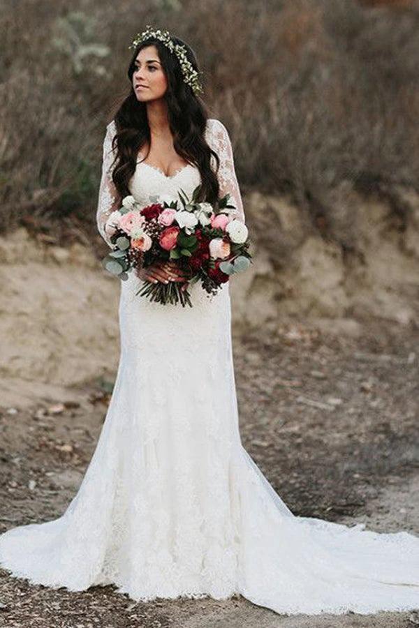 Mermaid V Neck Wedding Dress Long Sleeve Lace Bridal Gown WD610 by pgmdress