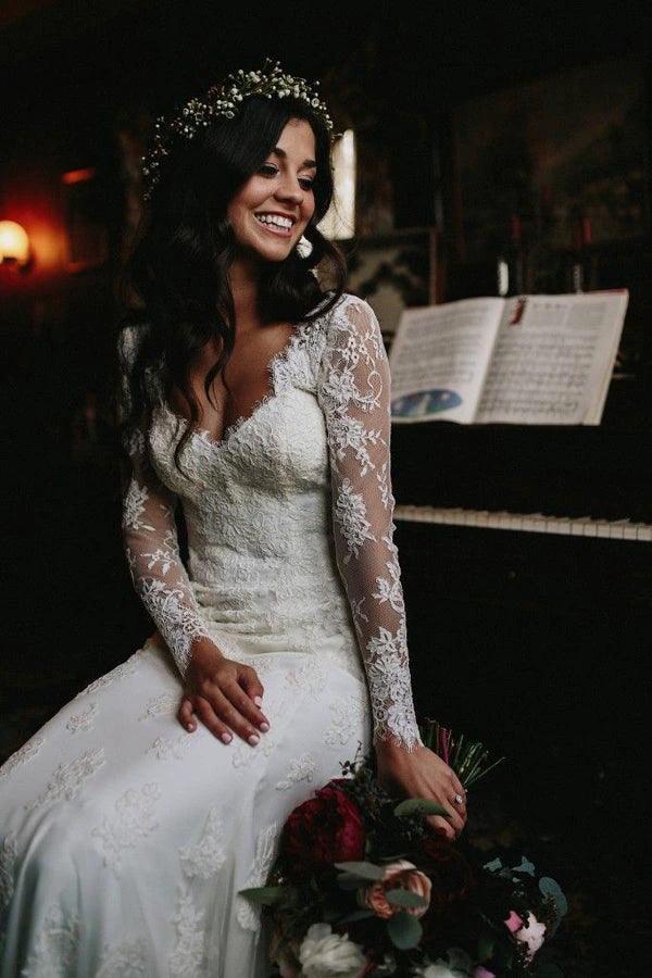Mermaid V Neck Wedding Dress Long Sleeve Lace Bridal Gown WD610 by pgmdress