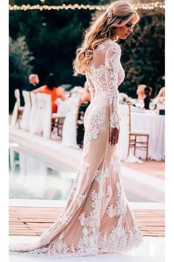 Mermaid Long Sleeve Lace Boho Wedding Dresses Rustic Bridal Gown WD504 by pgmdress