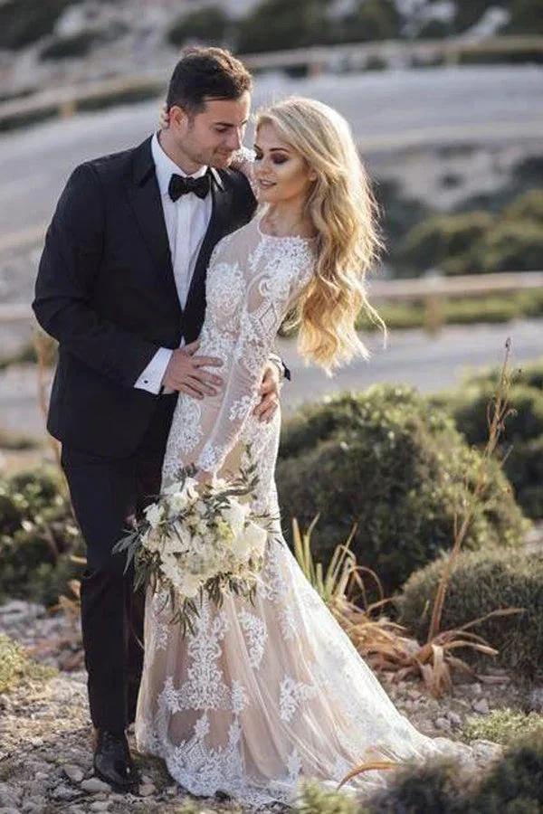 Mermaid Long Sleeve Lace Boho Wedding Dresses Rustic Bridal Gown WD504 by pgmdress
