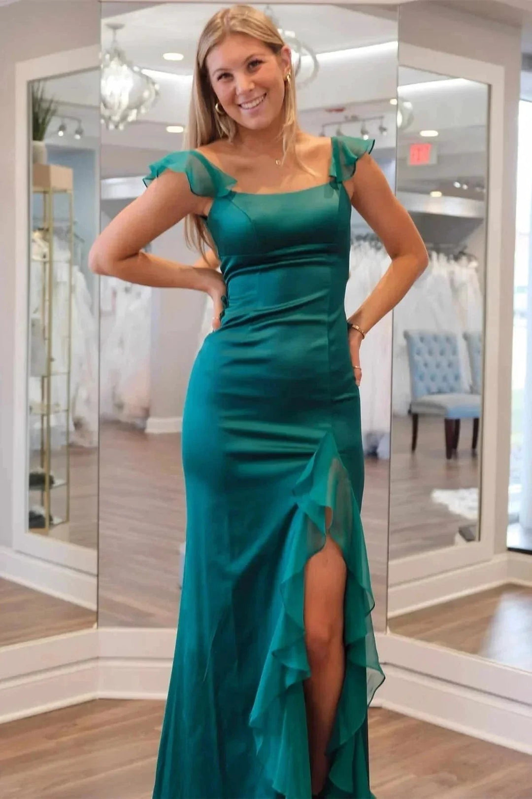 Mermaid Straps Scoop Pleated High Slit Green Long Prom Dress PSK612 by pgmdress