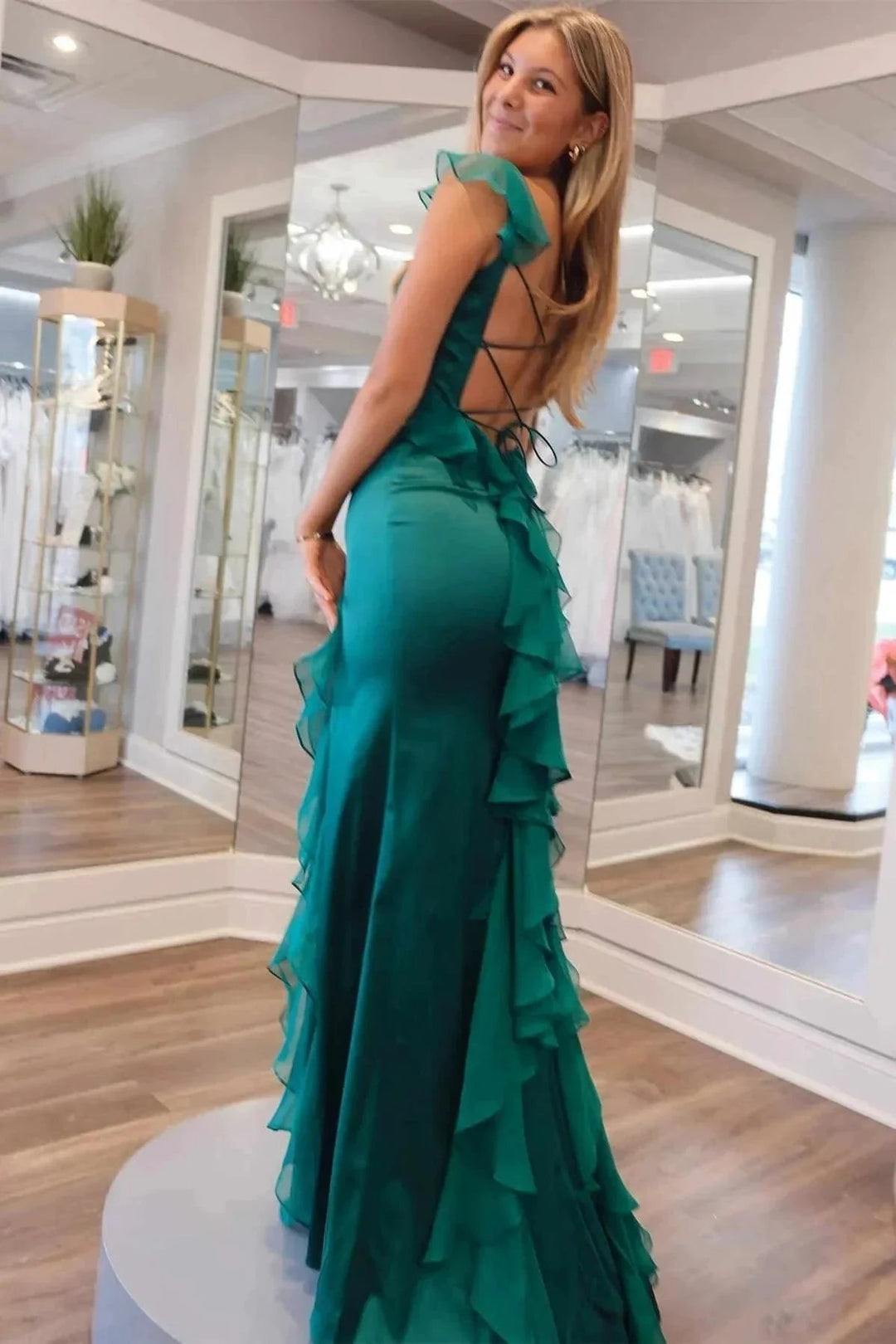 Mermaid Straps Scoop Pleated High Slit Green Long Prom Dress PSK612 by pgmdress