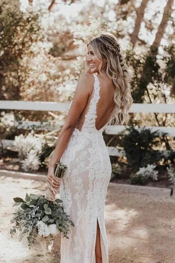 Mermaid/Trumpet Deep V-neck Lace Boho Wedding Dress Bridal Gown WD524 by pgmdress