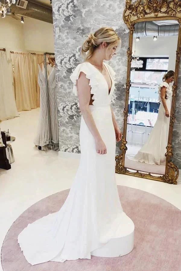 Mermaid V-Neck Cap Sleeves Wedding Dress with Ruffles WD743 by pgmdress