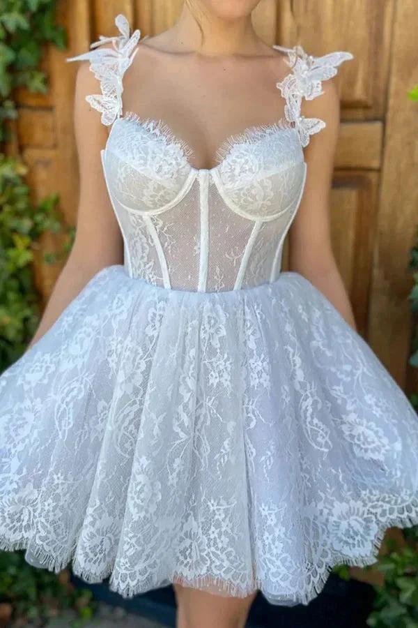 Mini White Homecoming Dress Lace Short Prom Dress PD519 by pgmdress
