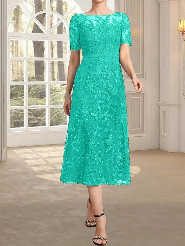 A-line Scoop Illusion Tea-Length Lace Mother of the Bride Dress With Sequins by Dreamylily