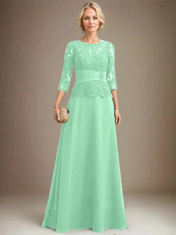 A-line Scoop Illusion Floor-Length Chiffon Lace Mother of the Bride Dress With Pleated Sequins Beading by Dreamylily