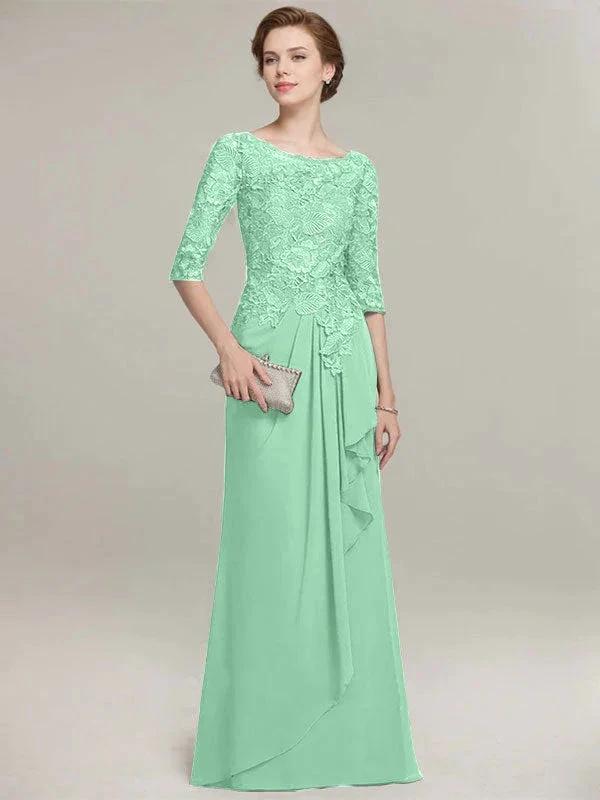 A-line Scoop Illusion Floor-Length Lace Chiffon Mother of the Bride Dress With Cascading Ruffles by Dreamylily
