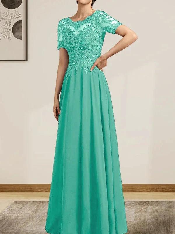 A-line Scoop Illusion Floor-Length Chiffon Lace Mother of the Bride Dress With Sequins Beading by Dreamylily