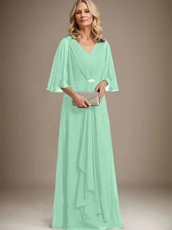 A-line V-Neck Floor-Length Chiffon Mother of the Bride Dress With Cascading Ruffles Crystal Brooch by Dreamylily