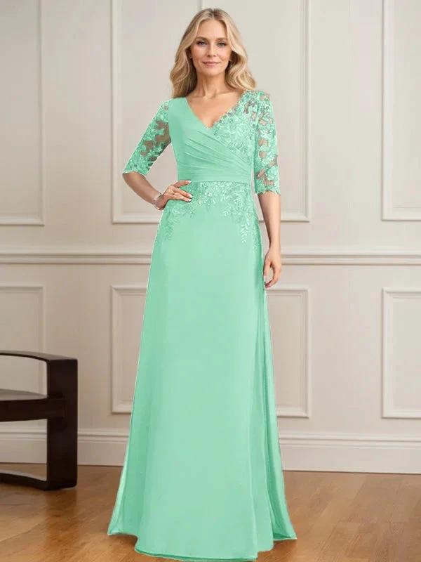 A-line V-Neck Floor-Length Lace Chiffon Mother of the Bride Dress With Pleated Sequins by Dreamylily