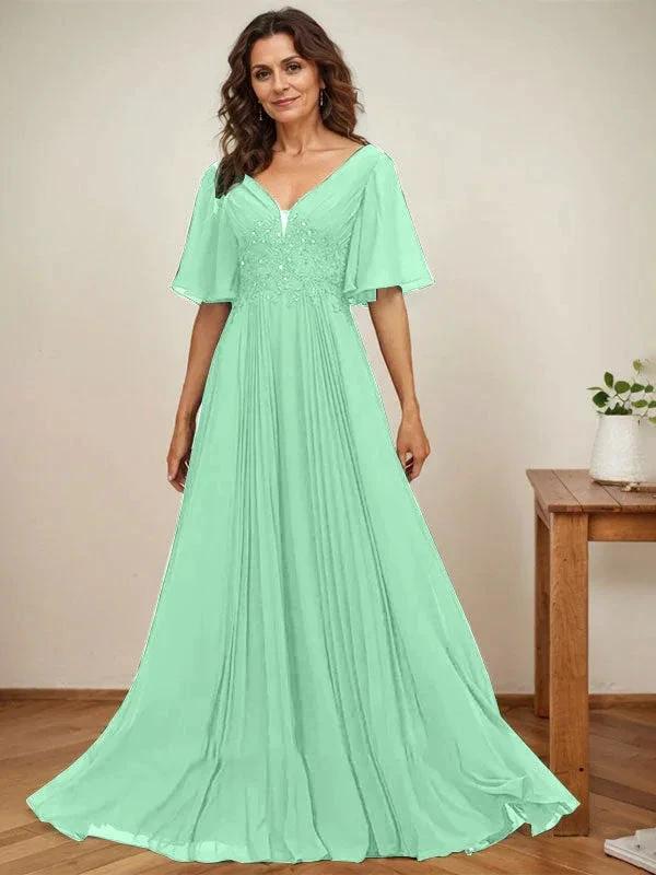 A-line V-Neck Floor-Length Chiffon Mother of the Bride Dress With Sequins Appliques Lace Pleated by Dreamylily